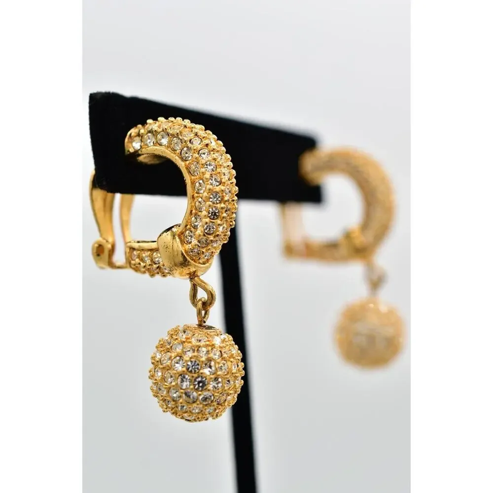 Swaovski Vintage Crystal Clip On Earrings Ball Dangle Gold Swan Signed 80s BinBJ